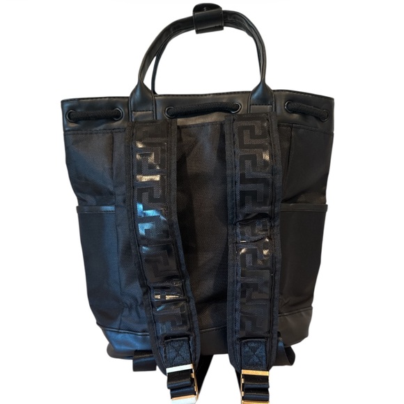 Versace Parfums Black Nylon Backpack Gold Logo Greek Key Straps NWOT - Picture 15 of 16